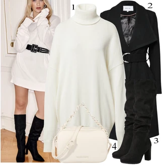 Elegantní Outfit s Černá Kozačka Na Podpatku/Dlouhá Kozačka/Kozačka nad Kolena/Bota se širokým nohavici/Špičatá Kozačka/Kozačka po Kolena About You "Zimní Outfit"Look: 20 léta, Elegantní, Cool, Příliš oblečený, Nadrozměrné