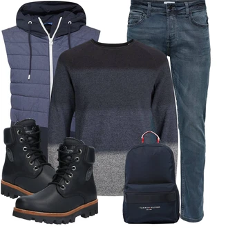 Outfit mit Grau/Dunkelblau Wollpullover/2-in-1 Pullover/Feinstrickpullover/Kaschmir Pullover/Einfacher Pullover/Basic Pullover/Rollkragenpullover/Winterpullover Jack & Jones "Cooles Winter Outfit"