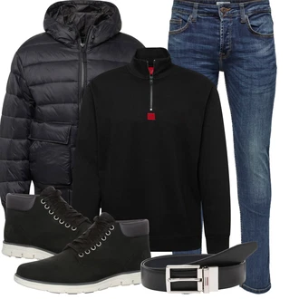 Outfit mit Blau/Hellblau/Dunkelblau Slim Fit Jeans/Herren Lederjacke/Tapered-Jeans/Biker Jeans/Winterjacke/Lederjacke/Leder Schuhe/Low Rise Jean/Thermojeans/Jeans mit Schlitz/Low Waist Jean/Vintage Jeans Only & Sons "Cooles Winter Outfit"