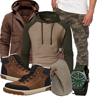 Motorrad Outfit mit Braun/Khaki/Grau/Dunkelbraun Outdoorjacke/Jacke mit Seitlichem Reißverschluss/Winterjacke/Herbstjacke/Kapuzenjacke CARWORNIC "Cooles Winter Outfit"Look: Arbeits, Freizeit, Wandern, Airsoft, Jagd, Motorrad