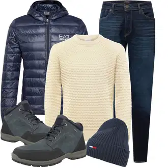 90er Outfit mit Dunkelblau/Blau Hose Große Größe/Herren Lederjacke/Thermojeans/Winterjacke/Tapered-Jeans Jack & Jones "Cooles Winter Outfit"Look: Uni, Coole, Old Money, 90er, Casual, Schlichte, Schön