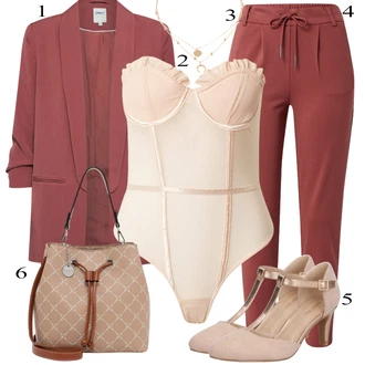 Kombinacije za posao Chic s kopčom Koža sa Pink/Bež/Smeđa Pumpa u obliku slova T/Cipela Mary Jane/Vintage Pumpa About You "Tvoj otmjeni outfit"Look: Stil, Francuske, Chic, Elegantan, Šik, Old Money