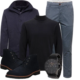 Outfit mit Schwarz/Dunkelblau T-Shirt & Top/Rollkragenshirt/Rollkragenpullover/Feinstrickpullover Jack & Jones "Elegantes Winter Outfit"