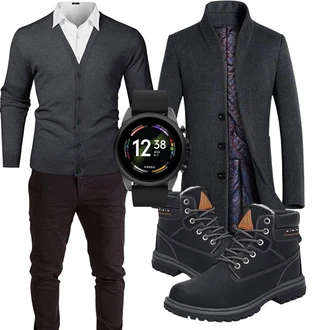 Regen Outfit mit Schwarz Winter Stiefelette/Herren Lederschuhe/SchnürStiefelette/Wasserdichter Stiefel/Gefütterte Stiefelette/TrekkingStiefel/Wasserfester Schuh/Sicherheitsschuh/Klassischer Stiefel Mishansha "Elegantes Winter Outfit"