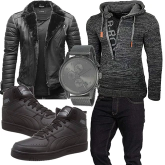 Echtleder Outfit mit Schwarz/Dunkelgrau/Grau Kunstfaserjacke/Motorradjacke/Winterjacke/Lammfell Jacke/Jacke mit Seitlichem Reißverschluss/Leder Bomberjacke/Bikerjacke/KunstLederjacke Crone "Freizeit Outfit"