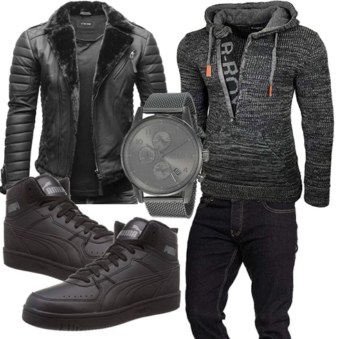 Schwarz/Dunkelgrau/Grau Kunstfaserjacke/Motorradjacke/Winterjacke/Lammfell Jacke/Jacke mit Seitlichem Reißverschluss/Leder Bomberjacke/Bikerjacke/KunstLederjacke Crone kombinieren