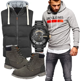 Outfit mit Dunkelgrün/Khaki/Dunkelgrau/Grau Schnürstiefelette/Winter Sneaker/Herren Lederschuhe/Wattierte Stiefel/Winter Stiefel/Wasserdichter Stiefel/Klassischer Stiefel/Gefütterte Stiefelette/Winter Stiefelette Mishansha "Freizeit Outfit"
