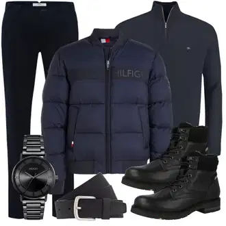 Winter Outfit mit Schwarz Wattierte Stiefel/Motorradstiefel/Wasserdichter Stiefel/Schnürstiefelette/Springerstiefel Tommy Hilfiger "Freizeit Outfit"