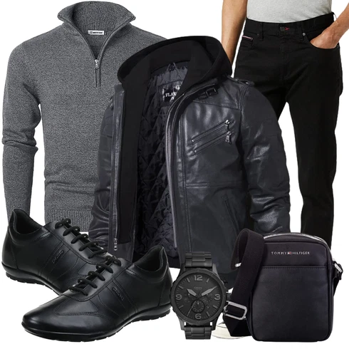 Fell Schwarz/Dunkelgrau/Grau Bikerjacke/Kapuzenjacke/Motorradjacke/Winterjacke/Fliegerjacke/KunstLederjacke/Leder Bomberjacke/Jacke mit Seitlichem Reißverschluss FLAVOR kombinieren