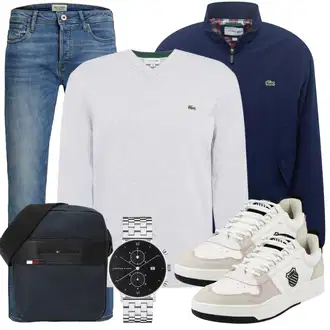 Schön Outfit mit Blau/Hellblau Slim Fit Jeans/Low Rise Jean/Leder Schuhe/Lederjacke/Low Waist Jean/Winterjacke/Jeans mit Schlitz/Regular-Fit Jeans/Knöchelstiefel/Schlupfjeans/Straight Leg Jean Jack & Jones "Freizeit Outfit"Look: Uni, Schlichte, Coole, Schön, Smart Casual, Casual, Premium, Old Money
