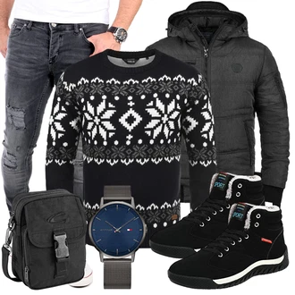 Groß Outfit mit Schwarz/Weiß Pullover Bedrucken/WollPullover/Jacquard Pullover/WinterPullover/Norweger Pullover !Solid "Freizeit Outfit"