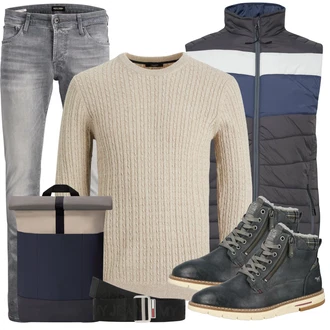 Outfit mit Grau/Hellgrau/Dunkelgrau Biker Jeans/Slim Fit Jeans/Lederjacke/Low Rise Jean/Leder Schuhe/Herren Lederjacke/Jeans mit Schlitz/Low Waist Jean/Winterjacke Jack & Jones "Freizeit Outfit"