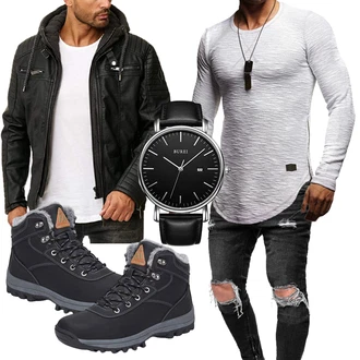 Herbst Outfit mit Schwarz/Dunkelgrau Winter Sneaker/Wasserfester Schuh/Wasserdichter Stiefel/Wasserdichter Outdoorschuh/Herren Lederschuhe/Trekkingstiefel Mishansha "Freizeit Outfit"