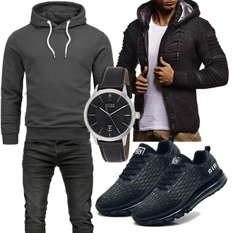 Groß Outfit mit Dunkelgrau/Grau KapuzenPullover/Strick Hoodie/Sport Sweatshirt/Unisex Hoodie/Hoodie/Ausgefallener Hoodie/Sport Hoodie Alessandro Salvarini "Freizeit Outfit"