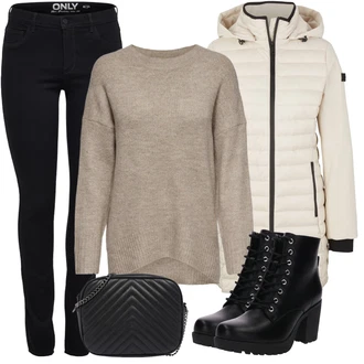 Duckfeet Outfit s Černá Kozačka Motorkářská bota/Chelsea Boty/Kožená bota/Goodyear welted bota/Business Bota About You "Módní zimní outfit"Look: Duckfeet, Elegantní, Kancelář, Old Money, Venkovní, Premium