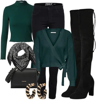 Sexy Outfit s Černá Kozačka nad Kolena/Kožená Kozačka nad Koleno/Dlouhá Kozačka/Plochá kozačka nad koleno/Kozačka po Kolena About You "Módní zimní outfit"Look: Ležérní, Elegantní, Cool, Slavnostní, Old Money, Příliš oblečený, Sexy