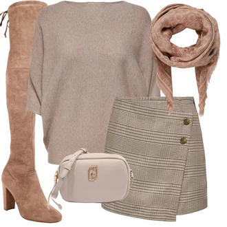 Outfit s Béžová/Hnědá Krátká Sukně/Houndstooth Sukně/Vlněná Sukně/Tvídová Sukně/Kostkovaná sukně/60tého Léta Sukně/70tá Léta Minisukně/Zavinovací Sukně/Zimní Sukně Only "Módní zimní outfit"