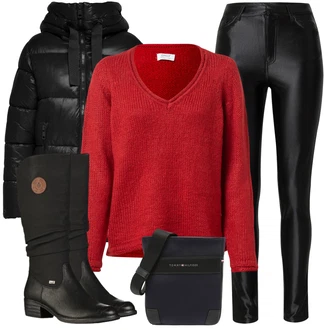 Outfit s Černá Zimní Kozačka/Dlouhá Kozačka/Bota se širokým nohavici/Klasická Kozačka/Plochá Kozačka nad koleno/Nepromokavá Kozačka/Jezdecká Bota Rieker "Módní zimní outfit"