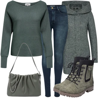 S Kapuljačom Na Skidanje Outfit sa Siva/Tamnoplava/Tamnozelena/Tamnosiva Pleteni Flis Kaput/Kaput s Kapuljačom/Zimski Kaput Vuneni kaput/loden kaput/Kaput od Vunenog Flisa Only "Moderan zimski outfit"