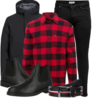 Outfit mit Schwarz Lederjacke/Slim Fit Jeans/Leder Schuhe/Knöchelstiefel/Push up Jeans/Jeans mit Schlitz/Biker Jeans/Low Rise Jean/Damen 7/8-Länge Jeans Only & Sons "Modisches Winter Outfit"