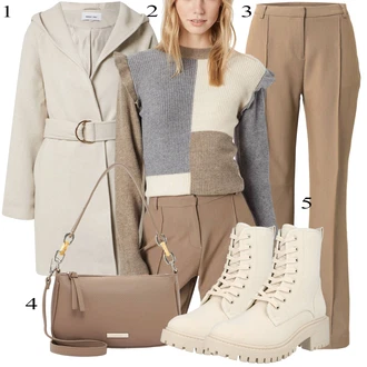 Outfit s Béžová/Šedá/Hnědá Svetr s Kulatým Výstřihem/Svetr s Výstřihem/Jednoduchý Svetr/Vlněný Svetr/Svetr bez Ramínek/Pletený Svetr/Vintage svetr/Kašmírový Svetr/Svetr Niki/Zimní Svetr/Vodopádový Svetr/Svetr Carmen Object "Ležérní Outfits"
