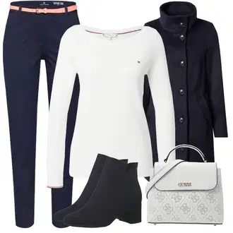 Outfit s Bílá Dlouhý Zimní Kabát/Dlouhá tylová Sukně/Svetrové Šaty/Móda Pro Plnoštíhlou/Dlouhé Šaty Tommy Hilfiger "Obchodní Outfit"