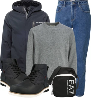 Outfit mit Blau/HellBlau Mom Jean/High Waist Jeans/Dad Jeans/Tapered-Jeans/Girlfriend Jeans/Vintage Jeans/Herren Lederjacke DAN FOX APPAREL "Outfit für den Herbst"