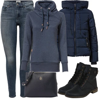 Outfit s Černá/Tmavě modrá/Modrá Kozačka Šněrovací Kotníková Bota/Klasická Kozačka/Kotníková Bota s Podšívkou/Bojová Bota/Plochá Kotníková Bota/Motorkářská bota Rieker "Zimní Outfit"