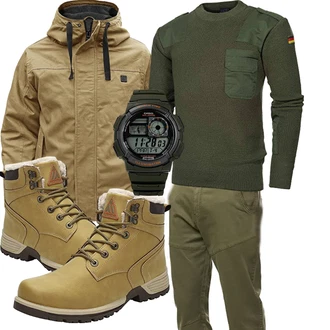 Outfit mit Dunkelgrün/Khaki/Braun/Beige/Gelb Gefütterte Stiefelette/Winter Sneaker/Wasserfester Schuh/Winter Stiefelette/Klassischer Stiefel/Sicherheitsschuh/Herren Lederschuhe/Trekkingstiefel/Wattierte Stiefel/Wasserdichter Stiefel Mishansha "Outfit für den Winter"
