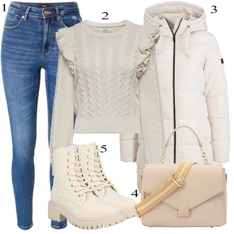 Boja Outfit sa Bež/Krem/Kaki/Bijela Čizmica Gležnjača na Vezanje/Borbena Čizma/Klasična čizmica About You "Tvoj otmjeni outfit"