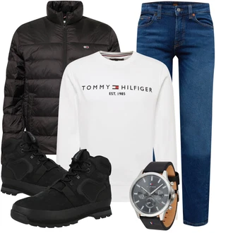 Winter Outfits Vintage mit Braun/Schwarz/Dunkelrot/Grau/Blau Tommy Hilfiger "Outfit für den Winter"Look: Vintage, Classic, Leger, Punk, Schön, Elegant, Unisex, Moderne, Sportlich