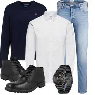 Outfit mit Grau/Weiß/Creme Business Hemd/Businesshemd/Musselin Hemd/Bügelfreies Hemd/Casual Hemd/Hemdbluse Only & Sons "Outfit für den Winter"