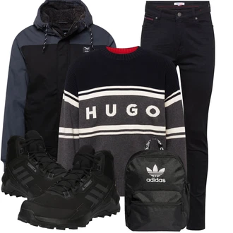 Outdoor Outfit mit Schwarz/Dunkelblau Biker Jeans/Lederjacke/Slim Fit Jeans/Thermojeans/Leder Schuhe/Jeans mit Schlitz/Herren Lederjacke/Winterjacke/Push up Jeans/Damen 7/8-Länge Jeans/High Waist Jeans Tommy Jeans "Outfit für den Winter"Look: Uni, Lack, Outdoor, Coole, Old Money, Französische, Moderne