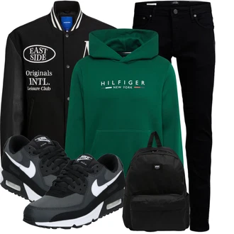 Outfit mit Schwarz/Rot Collegejacke/Coachjacke/Strickjacke Tracht/Strickjacke Gefüttert/Vintage Strickjacke/Stehkragen-Strickjacke Jack & Jones "Outfit für den Winter"