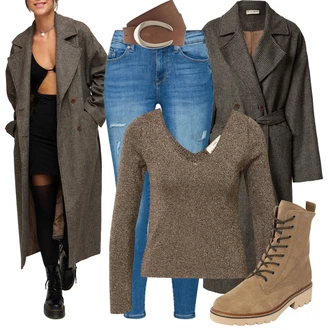 Outfit s Šedá/Béžová/Hnědá/Khaki Svetr s holým zády/Svetr s Výstřihem/Svetr z Jemné Pleteniny/Třpytivý Svetr/Jednoduchý Svetr/Svetr s V-výstřihem/Vlněný Svetr A Lot Less "Outfity na zimu"