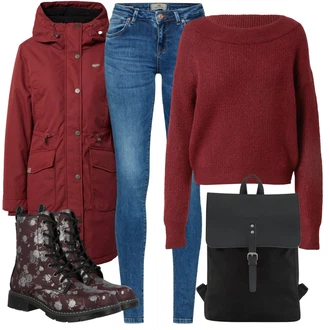 Outfit s Černá Šněrovací Kotníková Bota/Zimní bota/Nízká bota na podpatku/Šněrovací Bota Dockers by Gerli "Outfity na zimu"