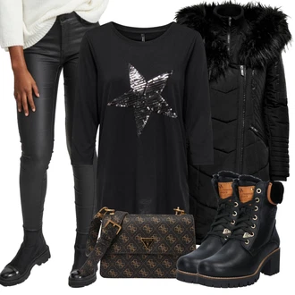 Outfit s Černá Kozačka Šněrovací Kotníková Bota/Vycpaná Kozačka/Motorkářská bota/Bojová Bota/Klasická Kozačka/Kožená bunda/Nepromokavá Kozačka/Kožená kotníková bota/Zimní kotníková bota/Kotníková Bota s Podšívkou Panama Jack "Outfity na zimu"