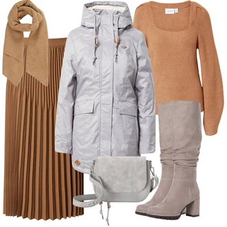 Outfit s Šedá/Béžová/Hnědá/Fialová Klasická Kozačka/Kozačka Na Podpatku/Kozačka po Kolena/Dlouhá Kozačka/Špičatá Kozačka/Bota se širokým nohavici MARCO TOZZI "Outfity na zimu"