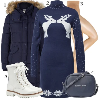 Norský vzor Outfit s Tmavě modrá/Tyrkysový Pletené Šaty/Žerzejové Šaty/Zimní Pletené Šaty/Svetrové Šaty/Zimní šaty s dlouhým rukávem/Šaty s dlouhým rukávem Pieces "Stylový zimní outfity"