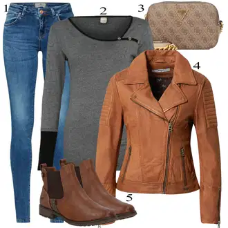 Outfit s Hnědá/Béžová Chelsea Boty/Kožená bunda/Plochá Kotníková Bota/Jezdecká Bota Mustang "Zimní Outfit"