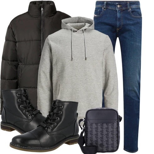 Schwarz SchnürStiefelette/Springerstiefel/Klassischer Stiefel/Schnürschuh/Gefütterte Stiefelette Bugatti kombinieren mit Schwarz/Dunkelgrün Steppjacke/Puffer Jacke/Winterjacke/Nachhaltige Jacke/Daunenjacke/Übergangsjacke/Kunstfaserjacke/Kastenjacke DAN FOX APPAREL