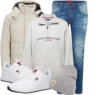 Smart Casual Outfit mit Grau Hut Mütze/Winter Mütze Carhartt Wip "Perfekt für den Winter"Look: Hard Rock, Retro, 80er, Skater, Classic, Casual, Workwear, Rap, Elegant, Smart Casual