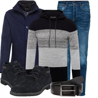 Outfit mit Blau/Dunkelblau/Hellblau Slim Fit Jeans/Low Rise Jean/Leder Schuhe/Low Waist Jean/Lederjacke/Schlupfjeans/Winterjacke/Knöchelstiefel/Push up Jeans/Tapered-Jeans/Regular-Fit Jeans/Damen 7/8-Länge Jeans Jack & Jones "Perfekt für den Winter"