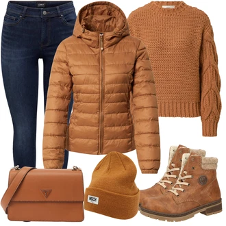 Outfit s Hnědá Dlouhý Zimní Kabát/Taška/Dlouhé Šaty/Dlouhá tylová sukně/Doplňek Guess "Přesně pro zimu"