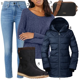 Outfit s Tmavě modrá/Modrá/Světle modrá Nafukovací Bund/Sněhová Bund/Zimní Bund/Lyžařská bunda/Merino bunda/Puchová Bund/Snowboardová Bund/Zimní Parka/Parka Přechodová Bund/Hybridní bunda/Neobvyklá bunda Schöffel "Zimní Outfit"