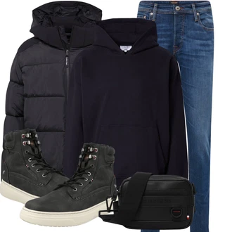 Outfit mit Blau/Hellblau Slim Fit Jeans/Leder Schuhe/Lederjacke/Damen 7/8-Länge Jeans/Low Rise Jean/Tapered-Jeans/Winterjacke/Low Waist Jean/Schlupfjeans/Jeans mit Schlitz/Straight Leg Jean/Regular-Fit Jeans/Cropped Jeans/Knöchelstiefel Jack & Jones "Perfekt für den Winter"