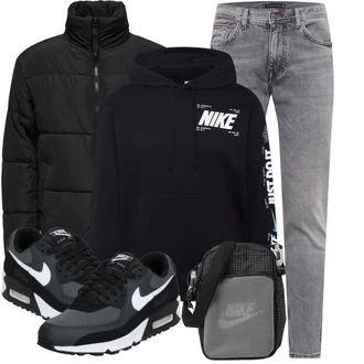 Outfit mit Grau/Dunkelblau/Dunkelgrau/Blau/Hellgrau Sneaker Low/Skateschuh/Vintage Sneaker/Winter Sneaker/Schmaler Sneaker Nike Sportswear "Perfekt für den Winter"