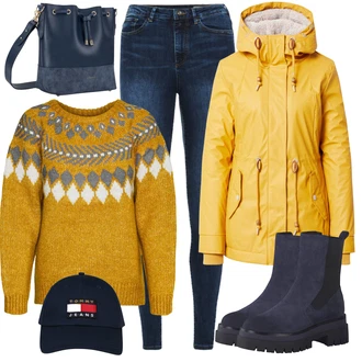 Outfit s Tmavě Modrá/Modrá Kožená bunda/Klasická kozačka/Plochá Kotníková Bota/Kotníková Bota s Podšívkou/Zimní kotníková bota MARCO TOZZI "Perfektní na zimu"