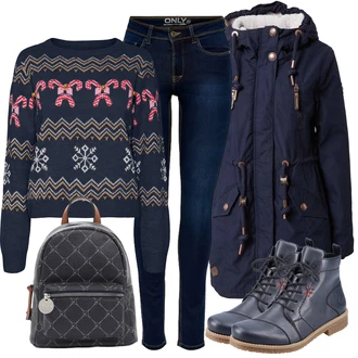 Outfit s Tmavě Modrá/Modrá/Světle Modrá Kozačka Šněrovací Kotníková Bota/Kožená kotníková bota/Kožená bota/Šněrovací bota/Plochá Kotníková Bota/Bezpečnostní bota/Kotníková Bota s Podšívkou/Kožená bunda Rieker "Perfektní na zimu"