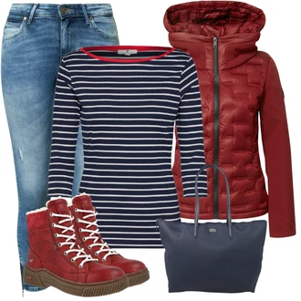 Outfit s Tmavě červená/Červená Prošívaná Bunda/Hybridní bunda/Lyžařská bunda/Zimní Bund/Merino bunda/Bunda s Kapucí/Neobvyklá bunda/Podzimní bunda/Izolační bunda/Puchová Bund/Bunda 2v1/Outdoorové Bundy/Bunda z umělých vláken/Trekingová bunda S.Oliver "Perfektní na zimu"